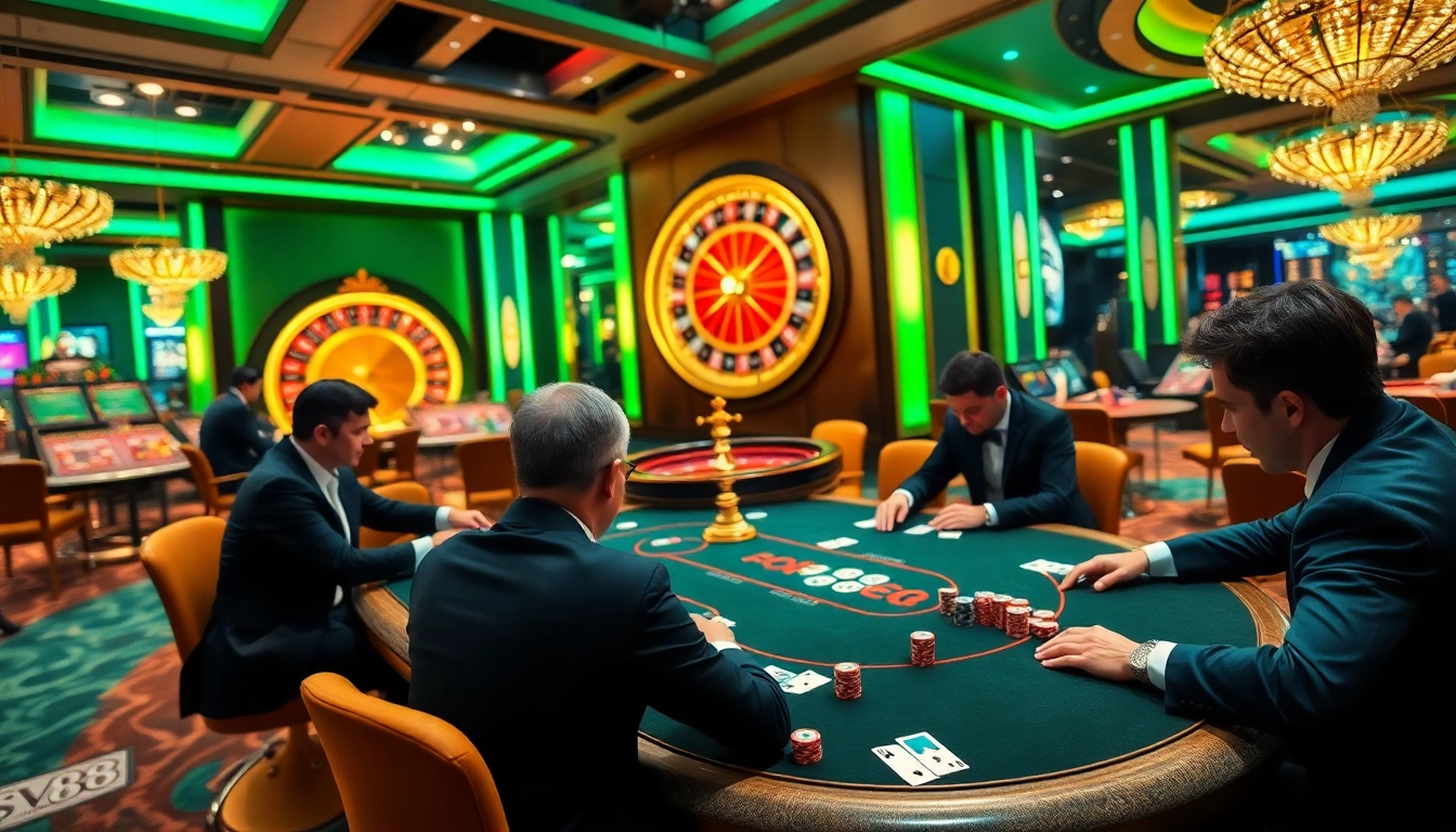 Engage with high-stakes poker action at SV88's luxurious casino, featuring vibrant chips and an intense gaming atmosphere.