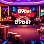 Exciting casino atmosphere with 89bet branding, colorful poker chips, and a spinning roulette wheel.