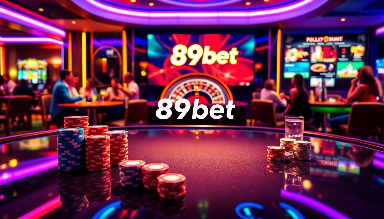 Exciting casino atmosphere with 89bet branding, colorful poker chips, and a spinning roulette wheel.