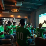 Excited fans watching live football on vaoluoi tv in a vibrant sports bar atmosphere.