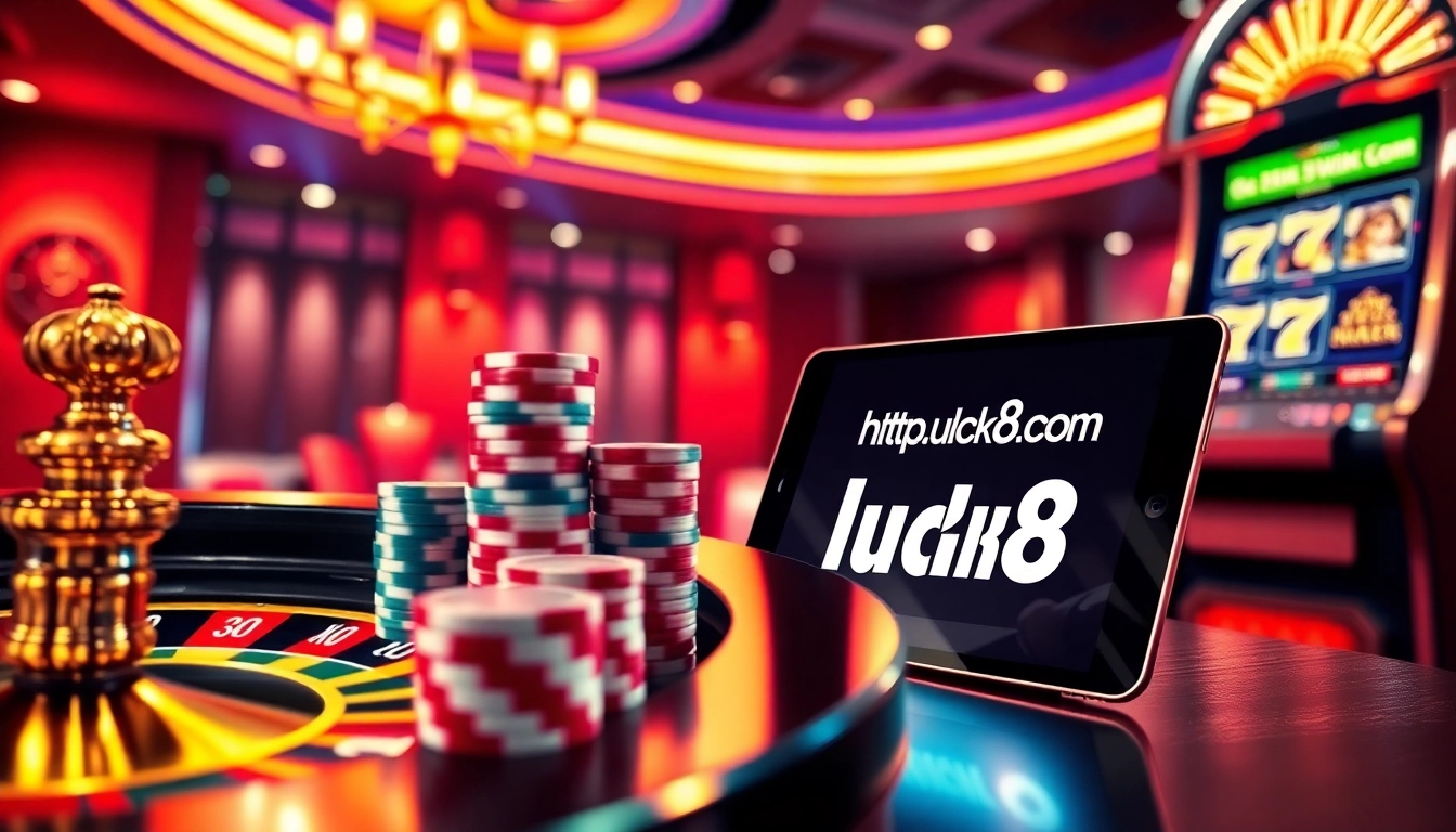 Một người chơi cá cược thắng trên máy xè tại https://luck8.com, thể hiện sự phấn khích trong một casino trực tuyến đầy màu sắc.