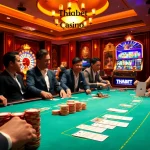 Enthusiastic players enjoy poker at a glamorous casino, highlighting Thabet's vibrant gaming atmosphere.