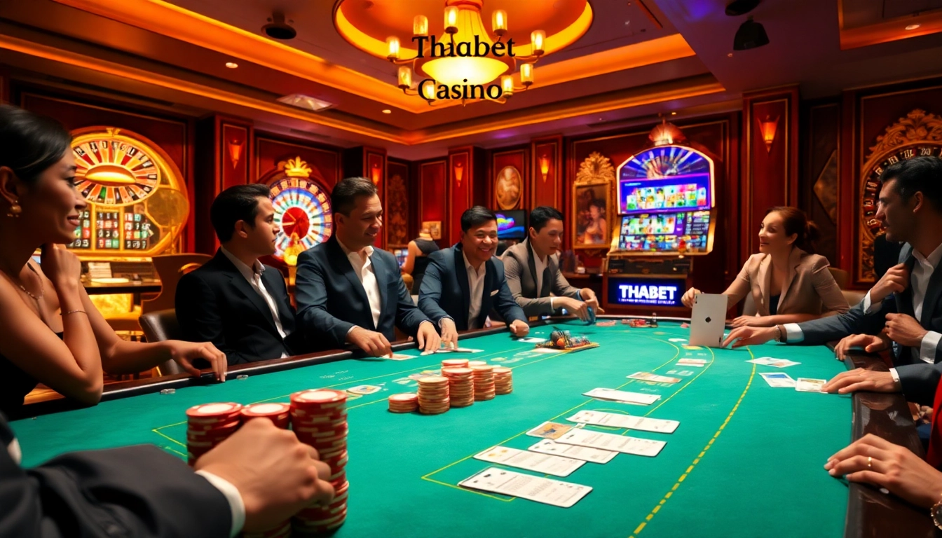 Enthusiastic players enjoy poker at a glamorous casino, highlighting Thabet's vibrant gaming atmosphere.