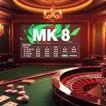 Engaging gamblers at an elegant MK 8 casino table showcasing cards and chips.