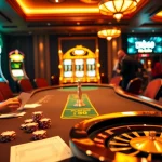 Engaging TK88 casino scene showcasing players at a blackjack table amidst glowing slot machines.