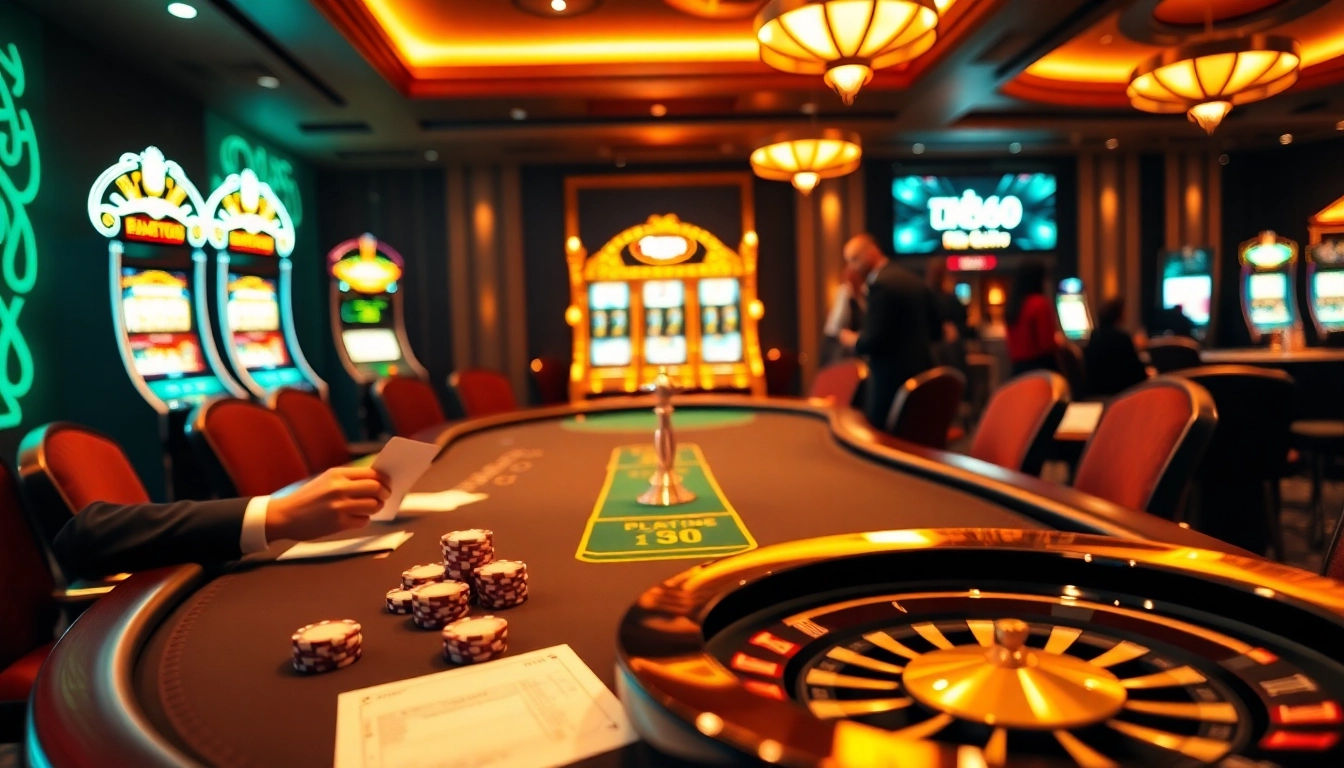 Engaging TK88 casino scene showcasing players at a blackjack table amidst glowing slot machines.