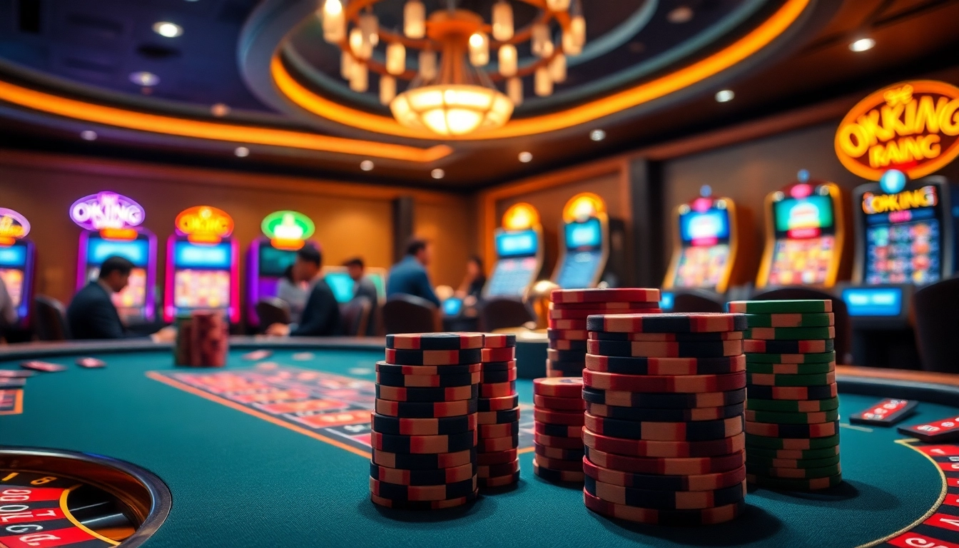 Experience the thrill of poker at an upscale casino with OKKING branding on chips.