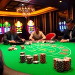 Players enjoying a thrilling poker game at an elegant casino table featuring lc88 themed tokens and a vibrant atmosphere.