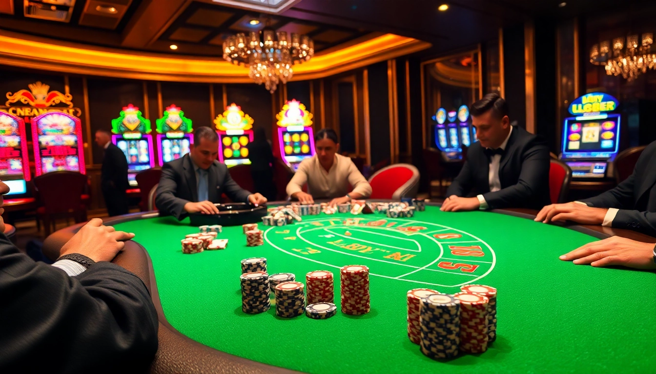 Players enjoying a thrilling poker game at an elegant casino table featuring lc88 themed tokens and a vibrant atmosphere.