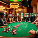 Exciting gambling scene at xo88 with diverse players at a blackjack table and colorful roulette wheel.