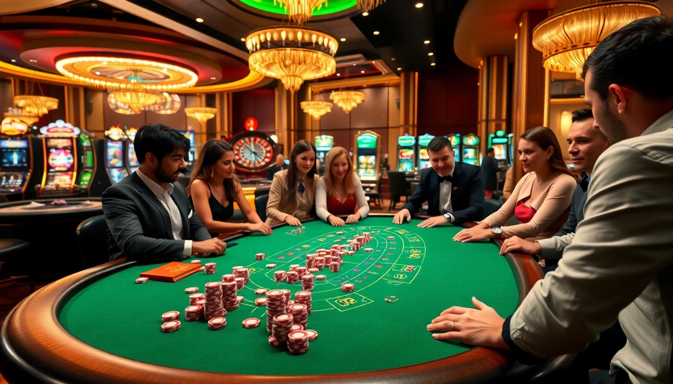Exciting gambling scene at xo88 with diverse players at a blackjack table and colorful roulette wheel.