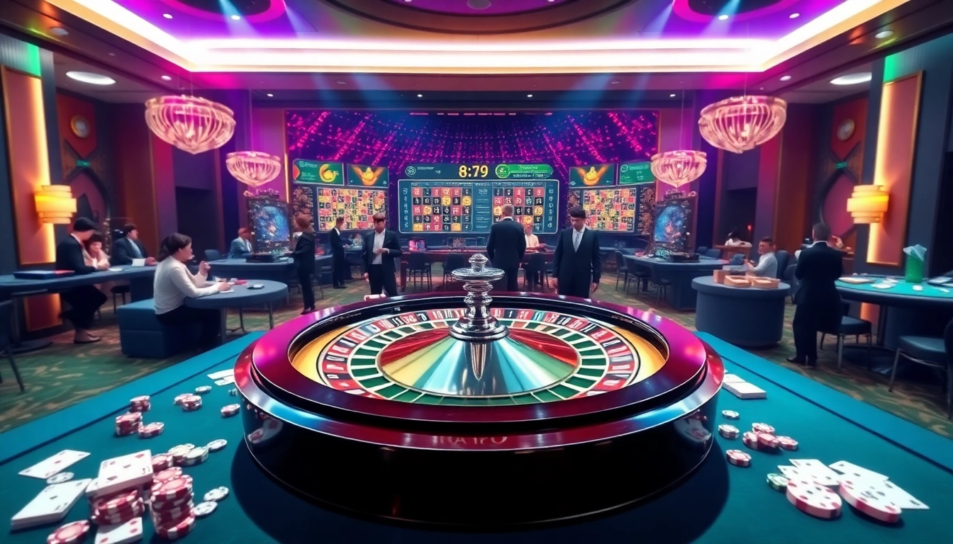 Players enjoying the thrills of gambling at 123win com 79 with poker chips and a roulette wheel.