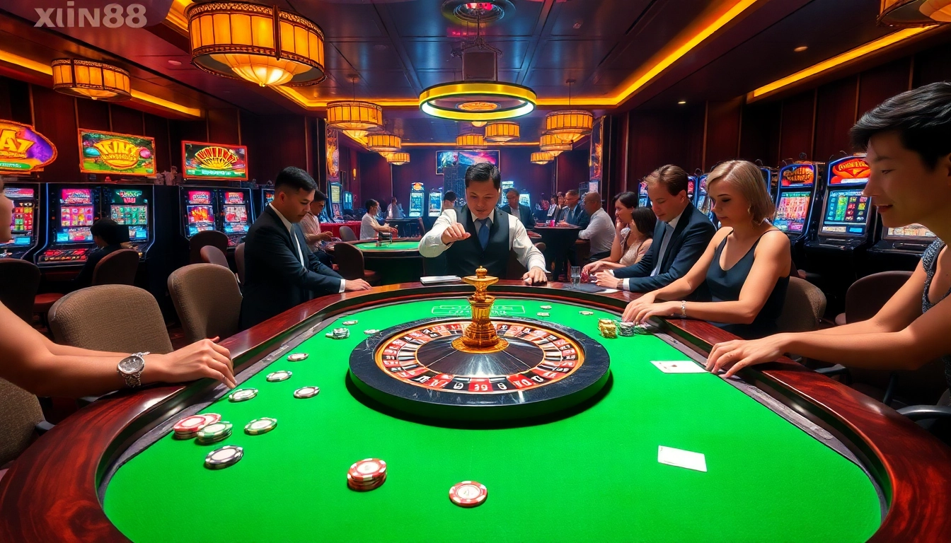 Experience the excitement of xin88 at a luxurious casino with vibrant roulette and engaging players.