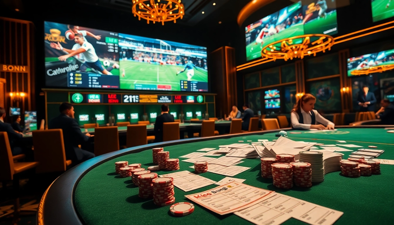 Kèo Bóng Đá betting scene showcasing high stakes, excitement with chips and betting slips.