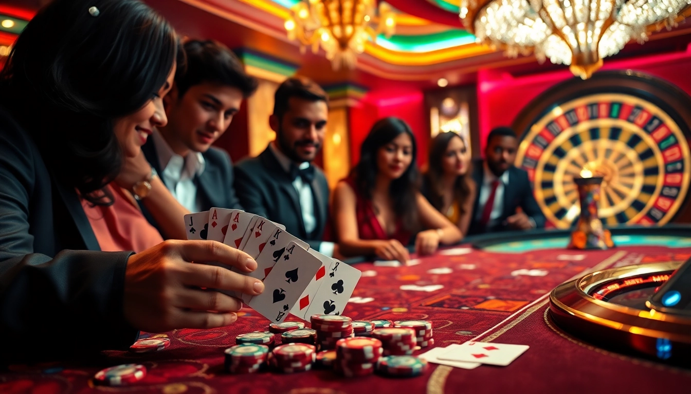High-stakes gameplay at the sumvip club featuring elegant poker cards and vibrant casino decor.