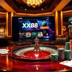 Engage with the vibrant casino scene featuring a roulette wheel and the homepage of https://xx88.sa.com/, enticing gamblers to play.