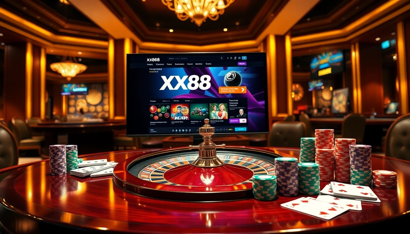 Engage with the vibrant casino scene featuring a roulette wheel and the homepage of https://xx88.sa.com/, enticing gamblers to play.