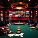 Gamblers strategizing in a luxurious casino environment highlighting hm88.studio's interactive gaming interfaces.