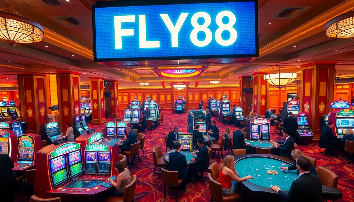 Experience the excitement of FLY88 with vibrant gaming tables and players enjoying poker.