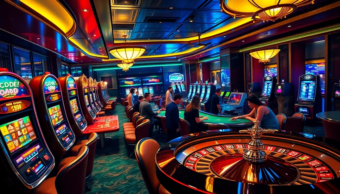 Experience vibrant gaming at SODO Casino, featuring slot machines and poker tables.