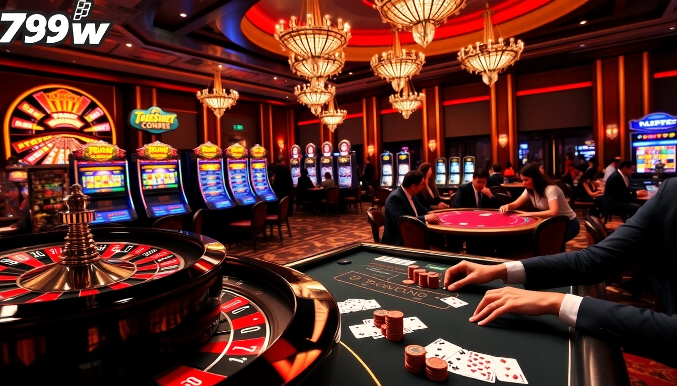 Gambling excitement at 789win casino with roulette wheel and sleek card tables.