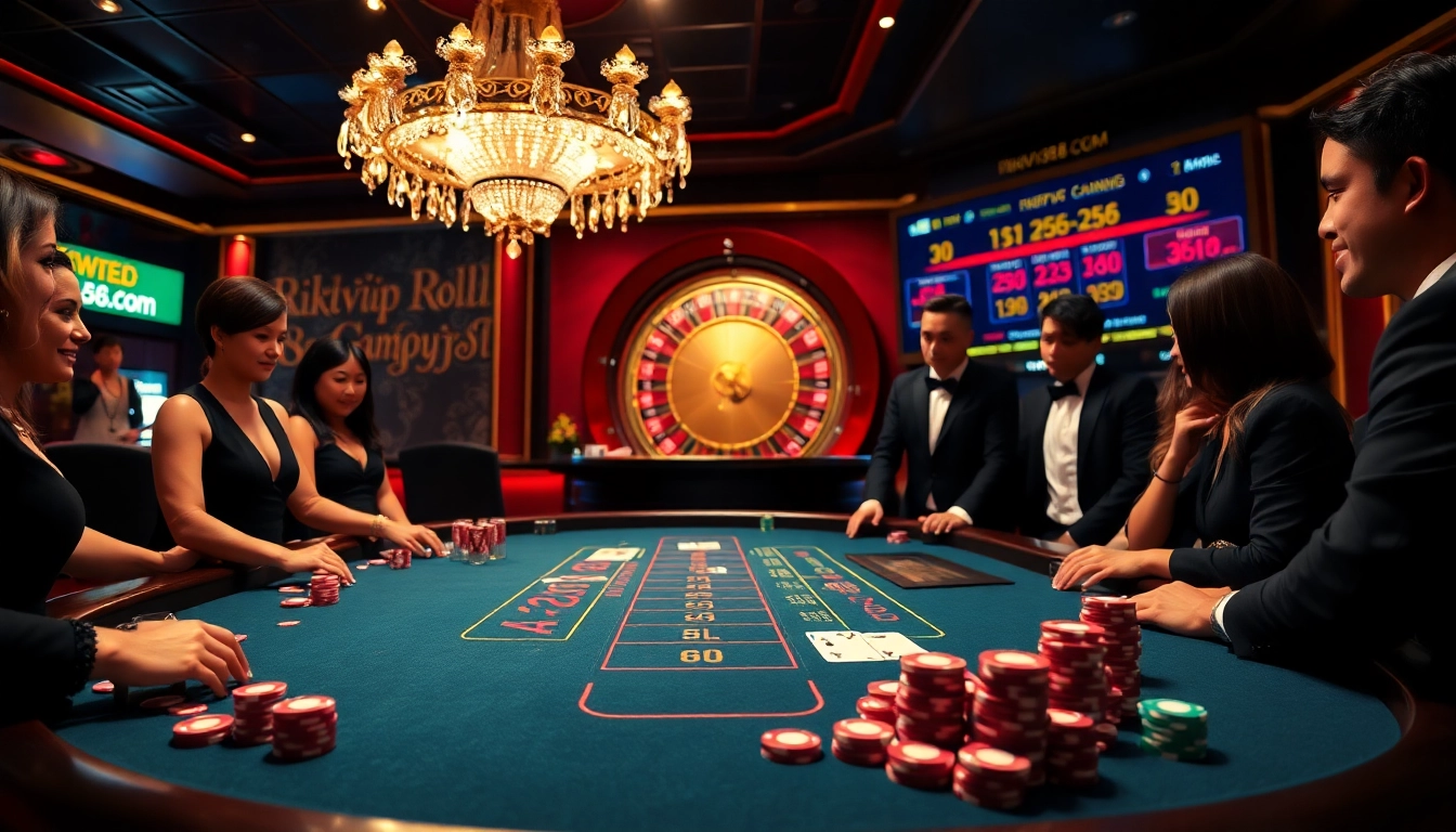 Players enjoying a thrilling game at rikvip368.com blackjack table, capturing the excitement of high-stakes gambling.