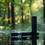Buy DMT disposable vape pen resting on a reflective surface in a serene forest setting.