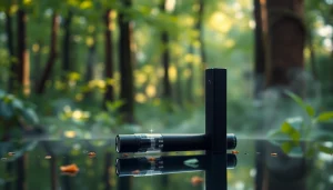 Buy DMT disposable vape pen resting on a reflective surface in a serene forest setting.