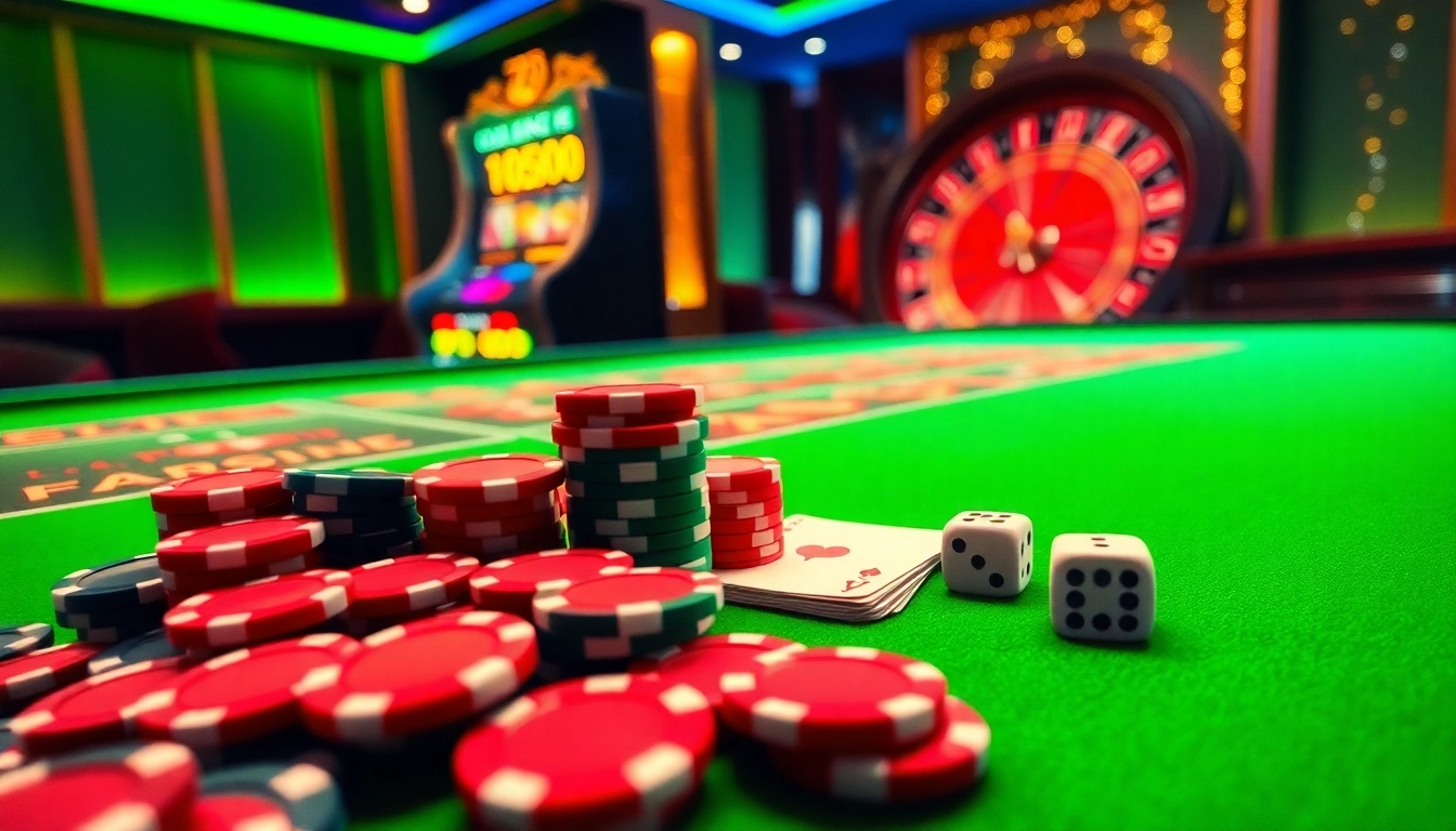 A lively gaming scene showcasing 79king's luxurious casino tables with poker chips and cards.
