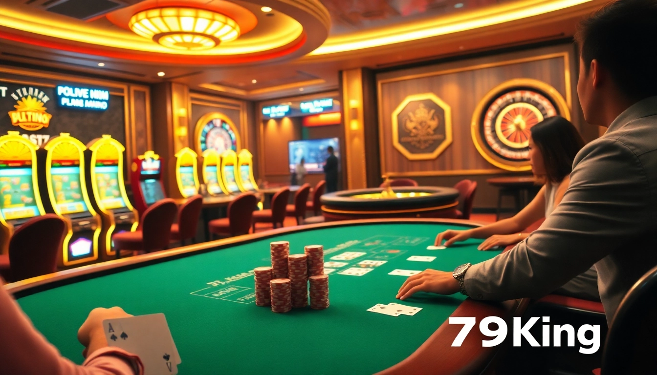 Engaging players strategizing at a luxurious 79King casino table with vibrant games.