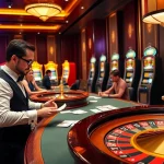 Exciting MM88 casino scene with players at roulette and poker tables, showcasing high-stakes gambling.