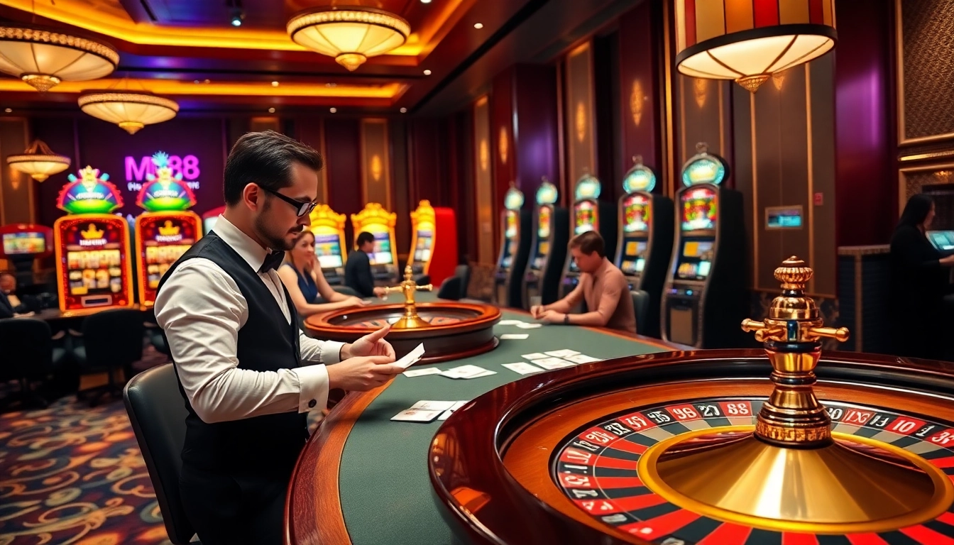Exciting MM88 casino scene with players at roulette and poker tables, showcasing high-stakes gambling.