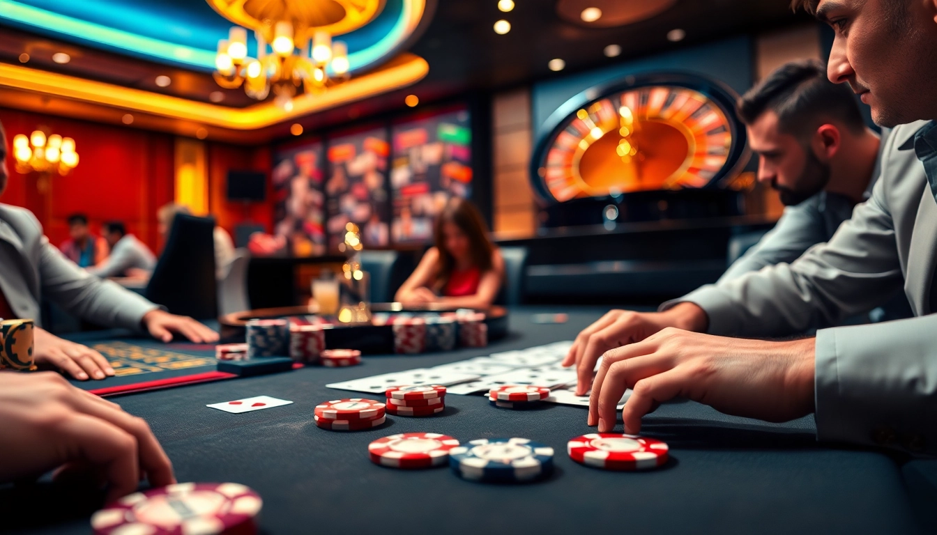 Engaged players at a vibrant poker table showcasing mb66-th.com casino excitement.