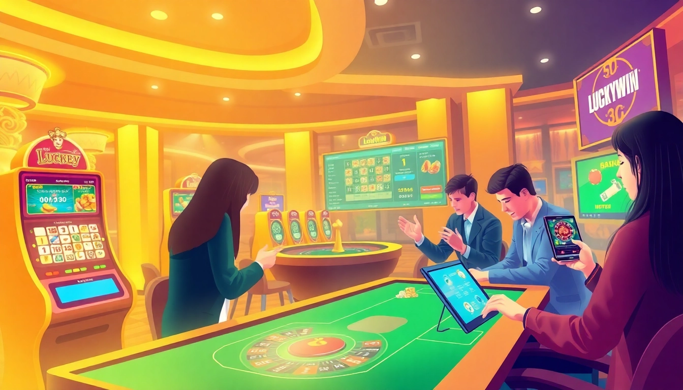 Captivating online gambling scene at luckywin.name, showcasing vibrant casino elements and enthusiastic players.