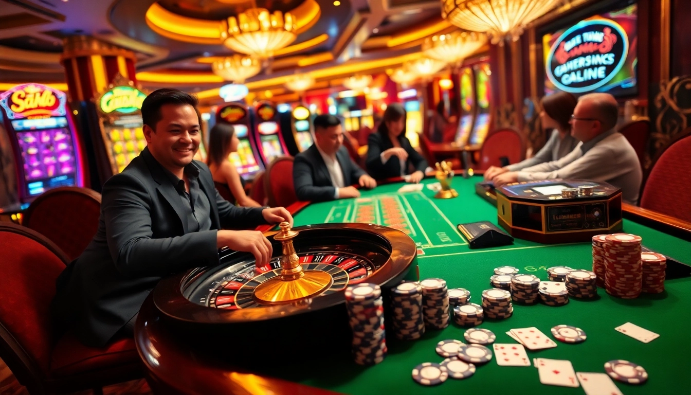 Players enjoy a thrilling gaming experience at Nhà cái Hm88's luxurious casino tables.
