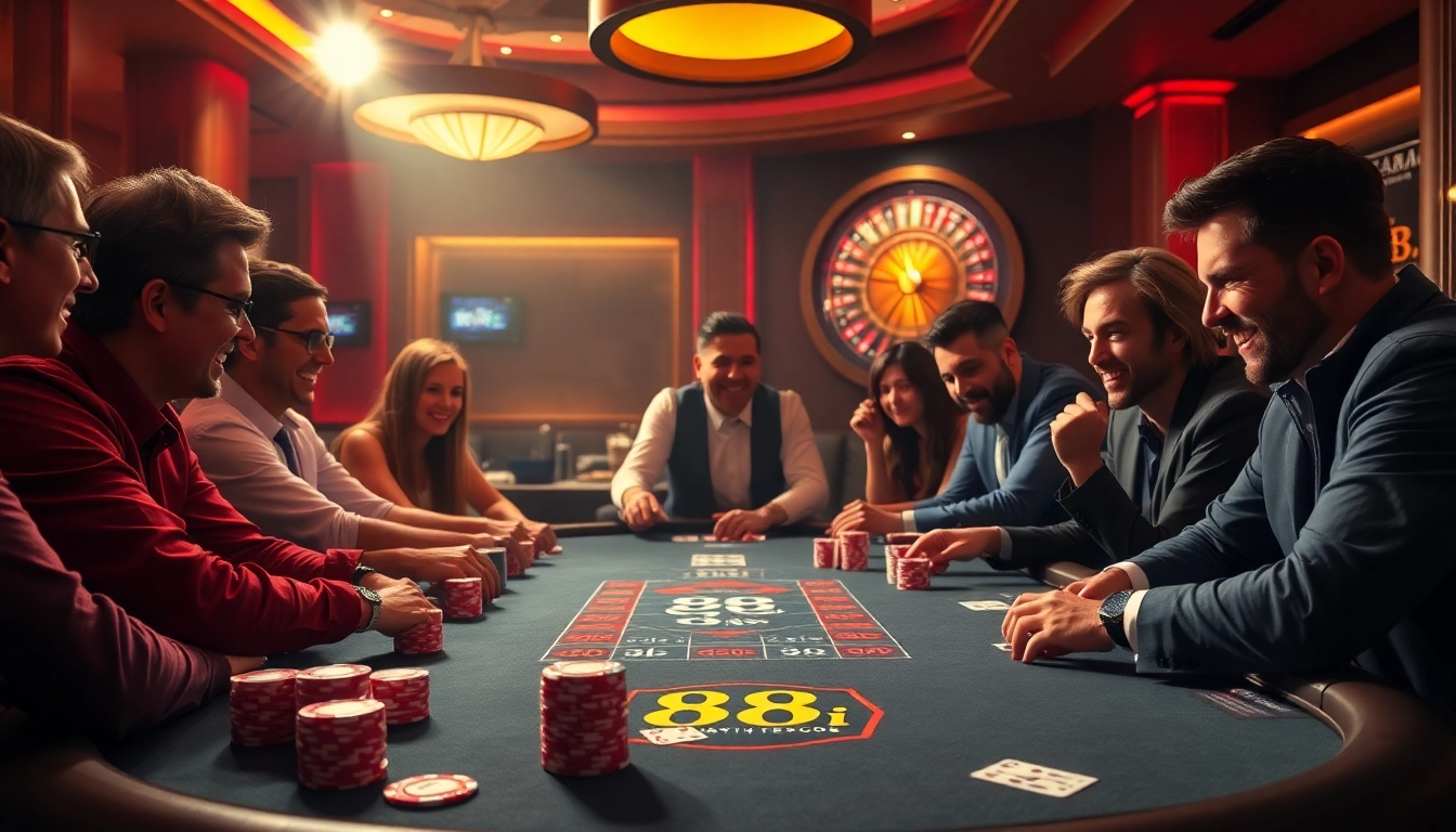 Poker enthusiasts enjoy a thrilling game with 88i poker chips in a luxurious casino atmosphere.