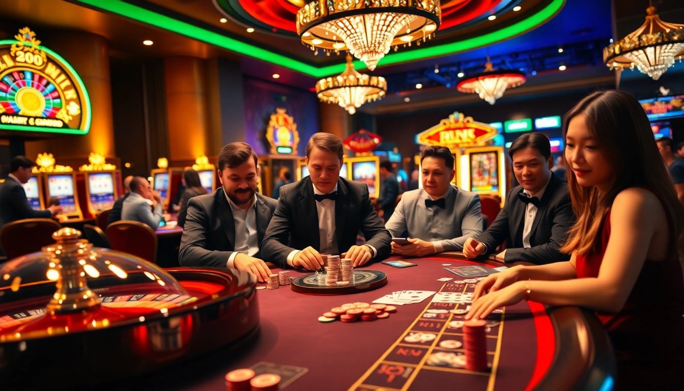 Engaging gamblers playing at a luxurious casino table representing Big88 com in a vibrant setting.
