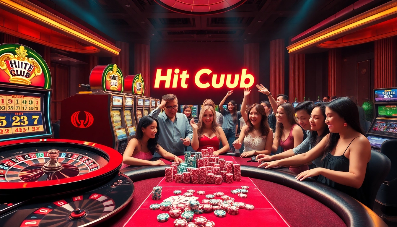 HitClub players enjoying a lively poker table with vibrant casino elements.