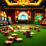 E2bet table with poker chips and cards, creating an exciting casino atmosphere for gamblers.