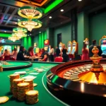 Gamblers enjoy an exciting game at 789club's luxurious online casino, featuring vibrant tables and slot machines.