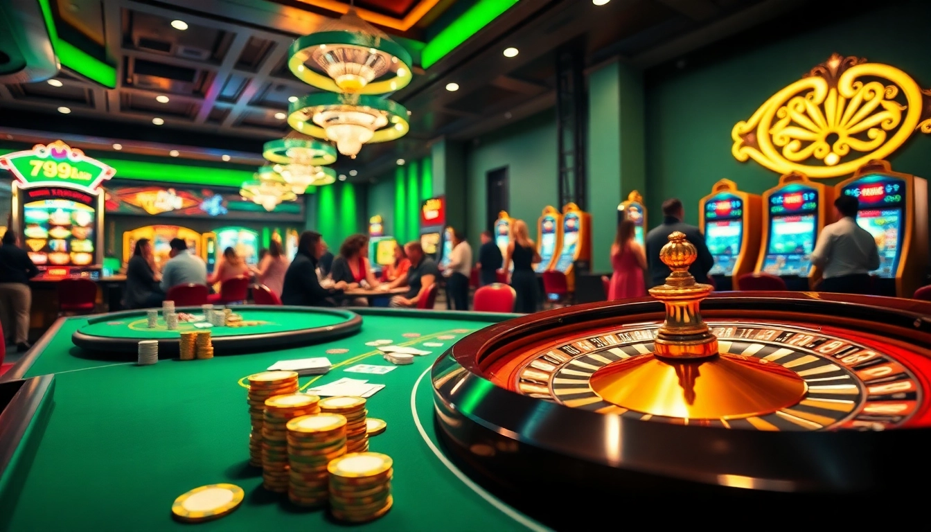 Gamblers enjoy an exciting game at 789club's luxurious online casino, featuring vibrant tables and slot machines.
