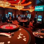 Players enjoying a thrilling casino experience at bem88 with poker chips and roulette wheels.