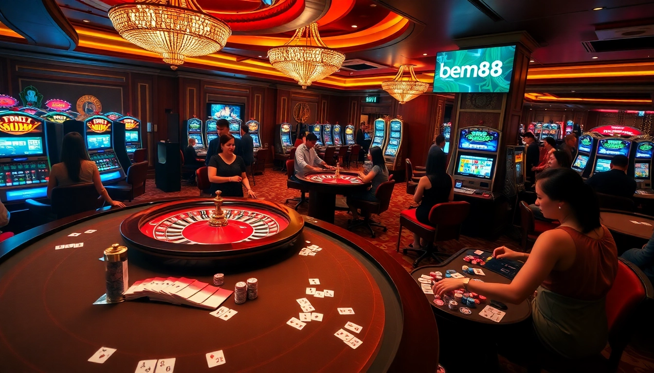Players enjoying a thrilling casino experience at bem88 with poker chips and roulette wheels.