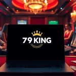 A gambler enjoys a thrilling moment at a roulette table while 79KING logo shines on a laptop screen.