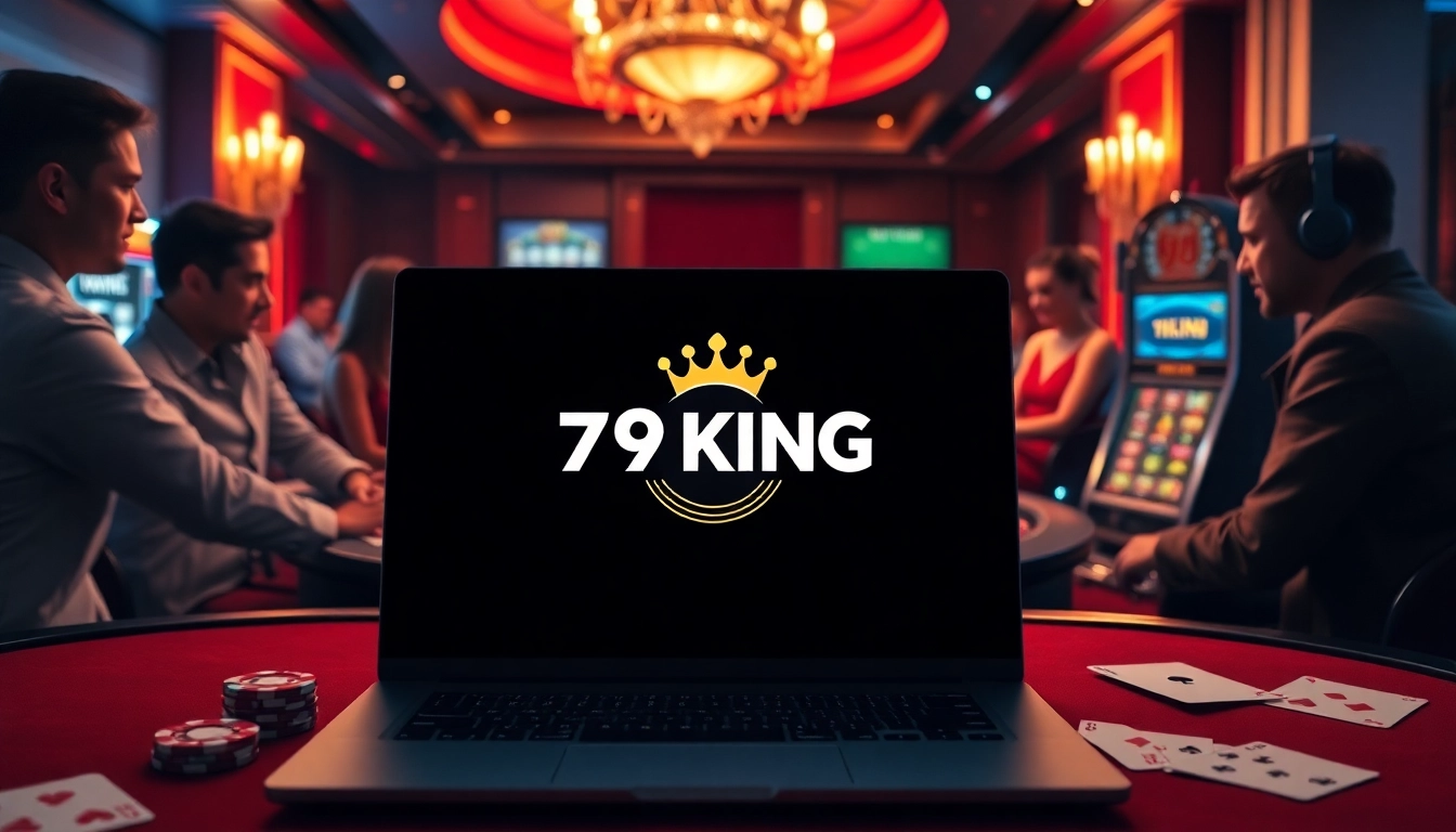 A gambler enjoys a thrilling moment at a roulette table while 79KING logo shines on a laptop screen.