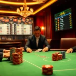 u888 poker players strategizing at a luxurious table in a vibrant casino setting.