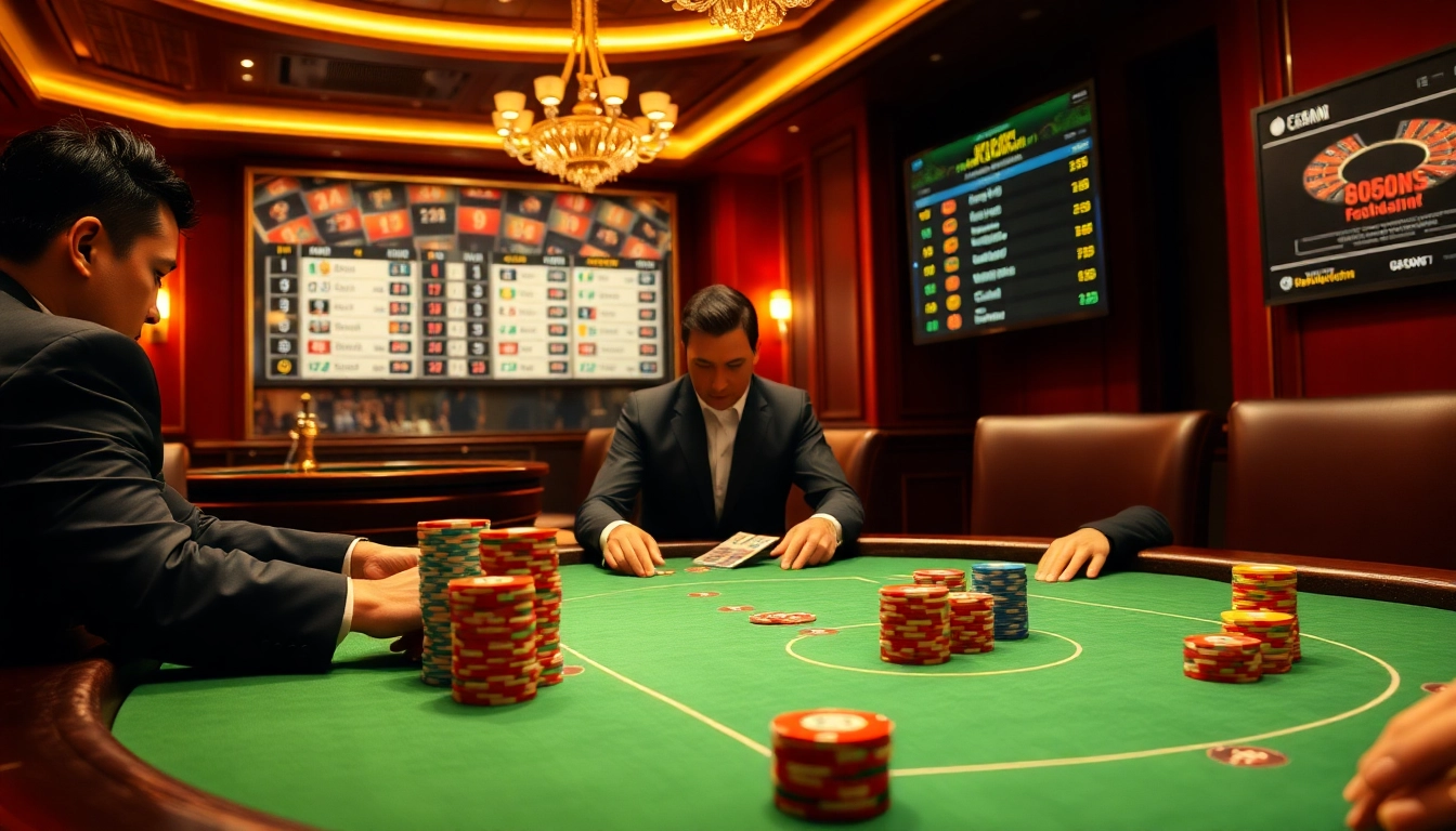 u888 poker players strategizing at a luxurious table in a vibrant casino setting.