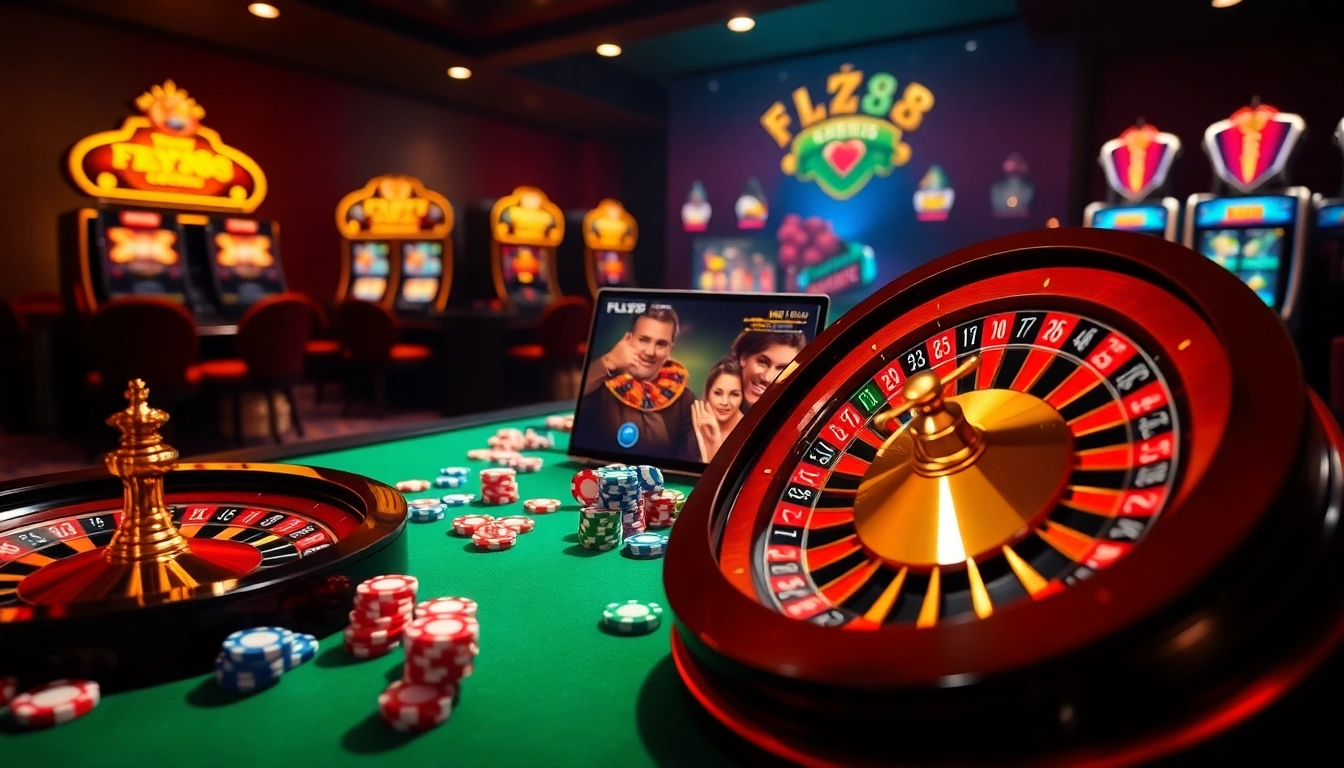 Experience thrilling gameplay at https://fly88.ad/ with exciting casino tables and vibrant poker chips.