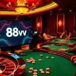 88vv players engaging in an exciting online casino game with vibrant poker chips and a roulette wheel.