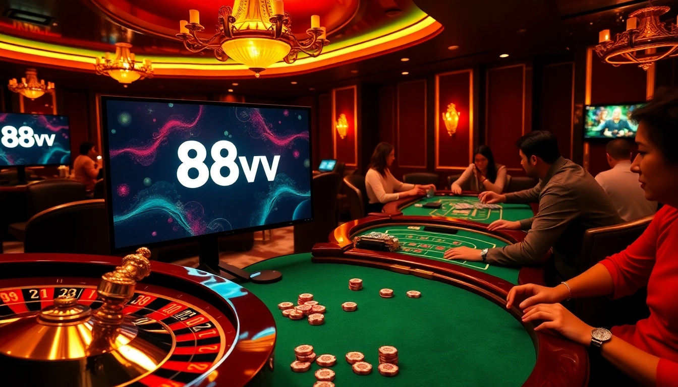 88vv players engaging in an exciting online casino game with vibrant poker chips and a roulette wheel.